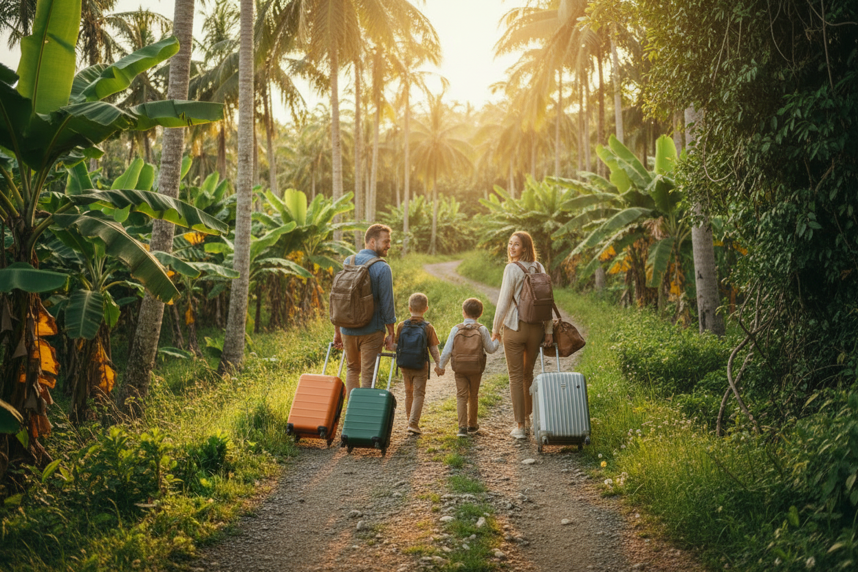 Family on dirt path with palm trees and luggage